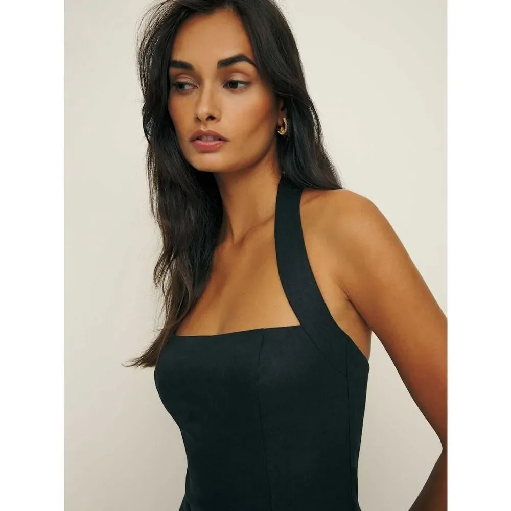 Reformation Malika Linen Black Halter Wide-Leg Jumpsuit with Square Neck Size 10